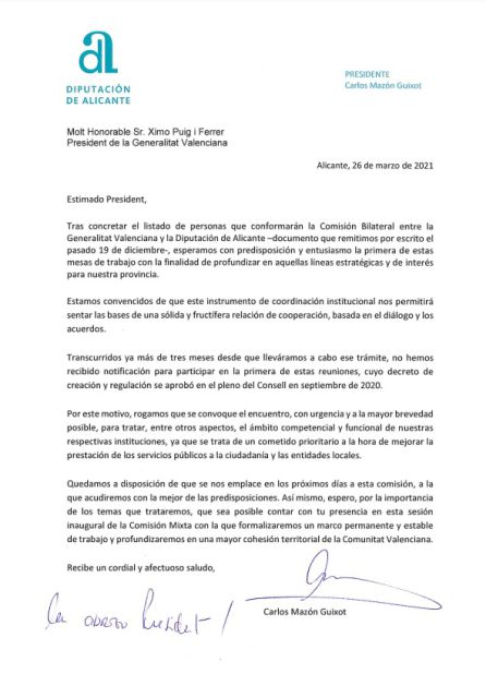 Carta de Carlos Mazón dirigida a Ximo Puig Carta de Carlos Mazón dirigida a Ximo Puig