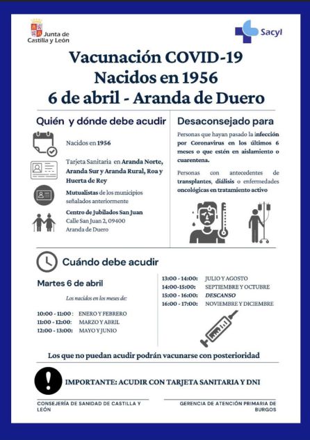 Vacunación masiva para todas las personas de la comarca nacidas en 1956 el próximo martes Vacunación masiva para todas las personas de la comarca nacidas en 1956 el próximo martes