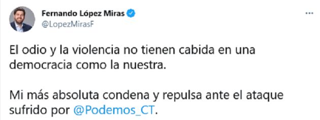 Mensaje de condena de Fernando López Miras en Twitter Mensaje de condena de Fernando López Miras en Twitter
