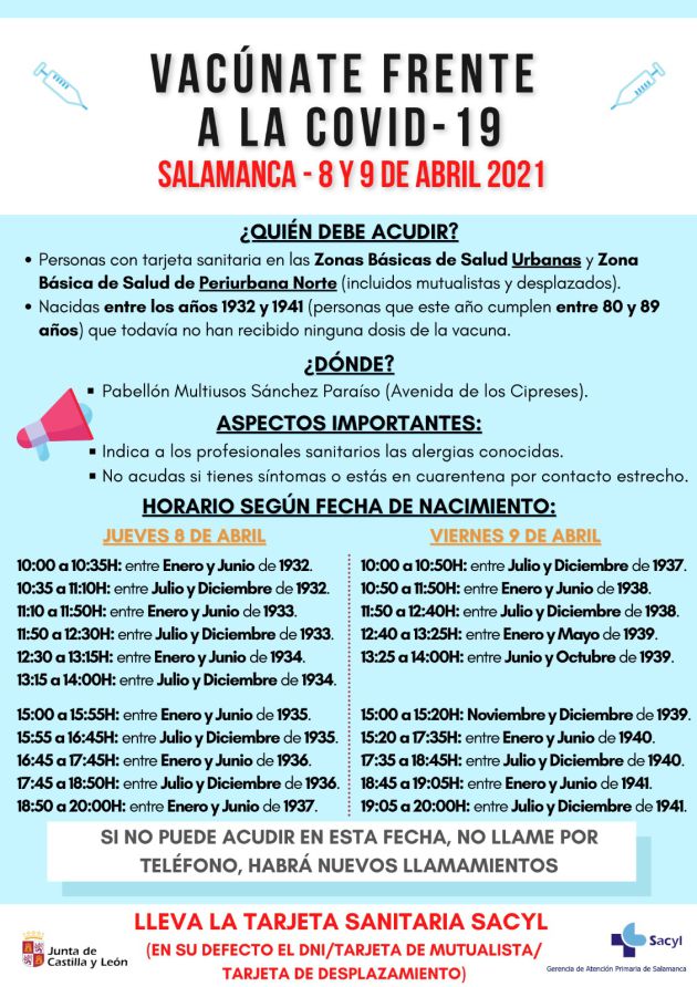 Relación de horarios de la vacunación masiva en Salamanca Relación de horarios de la vacunación masiva en Salamanca