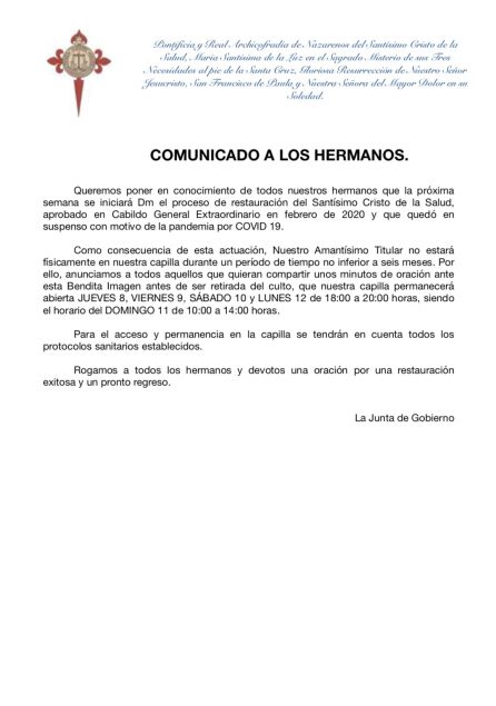 Comunicado emitido por la Hermandad de La Carretería sobre la próxima restauración del Cristo de la Salud Comunicado emitido por la Hermandad de La Carretería sobre la próxima restauración del Cristo de la Salud