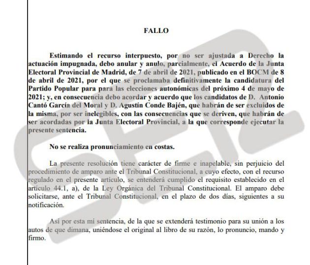 Fallo de la sentencia a la que ha tenido acceso la SER Fallo de la sentencia a la que ha tenido acceso la SER