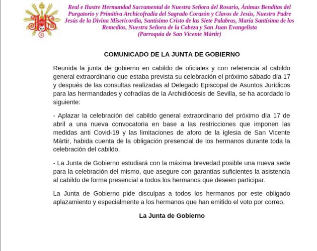 Comunicado emitido por la Hermandad de las Siete Palabras Comunicado emitido por la Hermandad de las Siete Palabras
