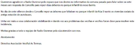 La Asociación Vecinal ha querido agradecer la colaboración de esta casa en la solución del problema La Asociación Vecinal ha querido agradecer la colaboración de esta casa en la solución del problema