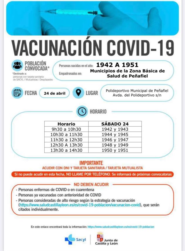Horario de vacunación en Peñafiel para el 24 de abril Horario de vacunación en Peñafiel para el 24 de abril