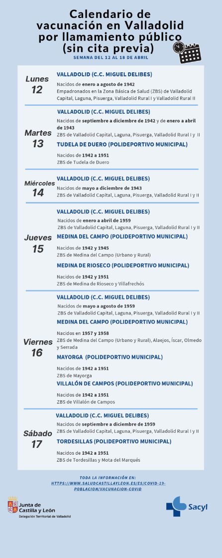 Calendario de vacunaciones de la Junta para Valladolid Calendario de vacunaciones de la Junta para Valladolid
