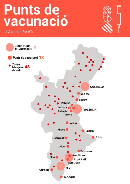 Mapa con los puntos de vacunación de la Comunitat Valenciana. Mapa con los puntos de vacunación de la Comunitat Valenciana.