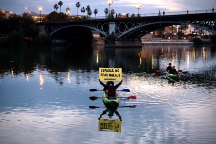 Activistas de Greenpeace en kayak lanza el mensaje al alcalde de Sevilla Activistas de Greenpeace en kayak lanza el mensaje al alcalde de Sevilla