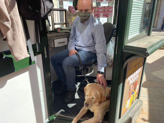 Paco Clemente, vendedor de cupones en la Plaza de las Flores (Murcia), junto a su perro guía, un labrador llamado Hamlet Paco Clemente, vendedor de cupones en la Plaza de las Flores (Murcia), junto a su perro guía, un labrador llamado Hamlet