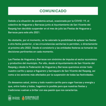 Comunicado suspensión hogueras Comunicado suspensión hogueras