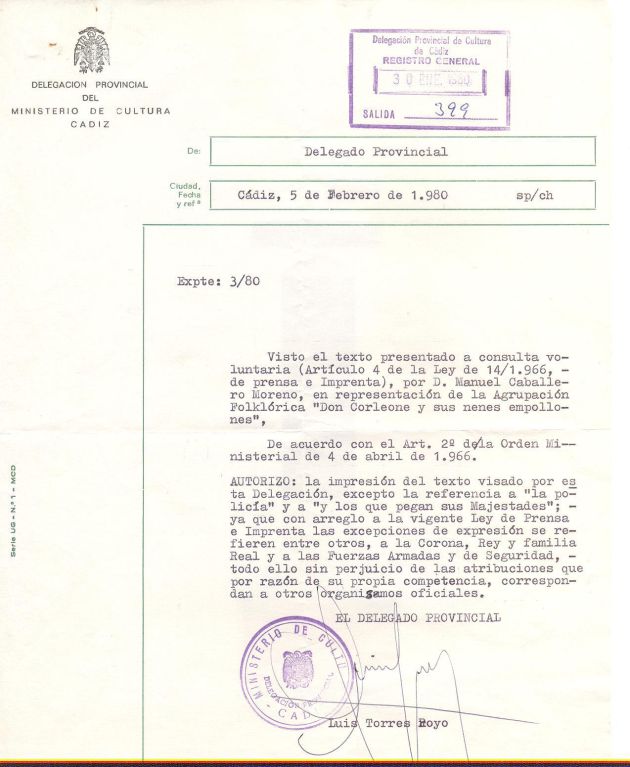 Documento por el que fue censurada una letra de la chirigota Don Corleone y sus nenes empollones Documento por el que fue censurada una letra de la chirigota Don Corleone y sus nenes empollones