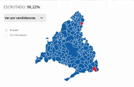 Mapa de la Comunidad de Madrid que muestra la victoria del PP en casi todos los municipios de la región. Mapa de la Comunidad de Madrid que muestra la victoria del PP en casi todos los municipios de la región.
