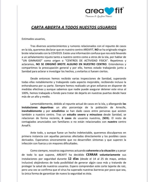 La carta abierta dirigida a los usuarios de AreaFit Arrecife. La carta abierta dirigida a los usuarios de AreaFit Arrecife.