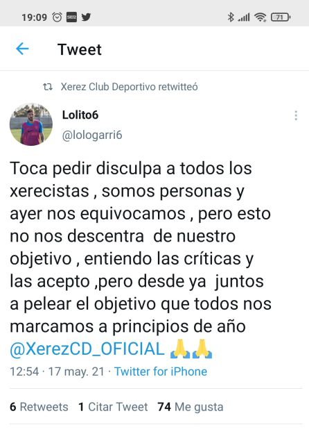 Disculpas de Lolo Garrido en su cuenta de Twitter Disculpas de Lolo Garrido en su cuenta de Twitter