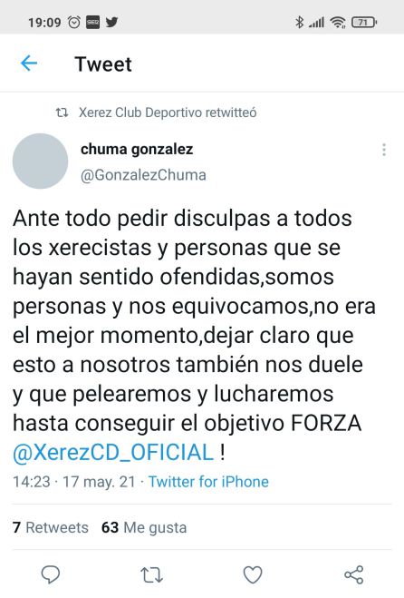 Disculpas de Chuma en su cuenta de Twitter Disculpas de Chuma en su cuenta de Twitter