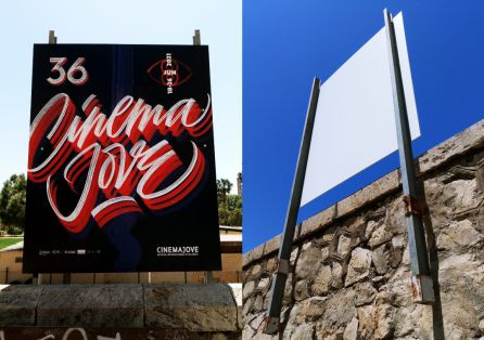 Cartel anunciador de Cinema Jove en el pretil del cauce del Turia Cartel anunciador de Cinema Jove en el pretil del cauce del Turia