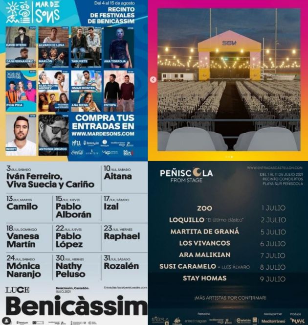Carteles de algunos de los confirmados de Mar de Sons, Luce Benicàssim, Peñíscola From Stage, y escenario de SOM Festival Castelló. Carteles de algunos de los confirmados de Mar de Sons, Luce Benicàssim, Peñíscola From Stage, y escenario de SOM Festival Castelló.