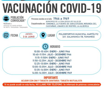Información sobre la vacunación del 3 de junio en Tamames Información sobre la vacunación del 3 de junio en Tamames