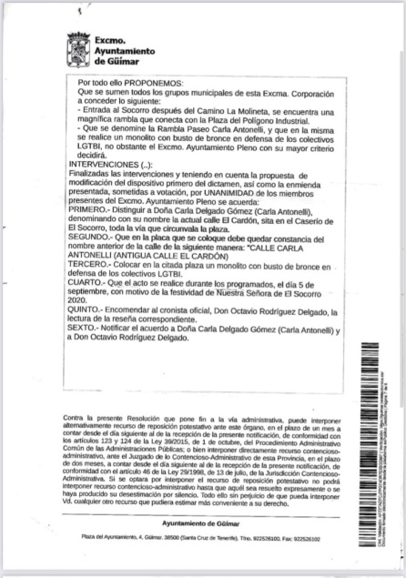 Acuerdo plenario del Ayuntamiento de Güímar por el que todos los partidos, incluidos el Partido Popular y Ciudadanos, votaron a favor de la inauguración de la calle Carla Antonelli en la antigua calle El Cardón el 30 de enero de 2020 Acuerdo plenario del Ayuntamiento de Güímar por el que todos los partidos, incluidos el Partido Popular y Ciudadanos, votaron a favor de la inauguración de la calle Carla Antonelli en la antigua calle El Cardón el 30 de enero de 2020
