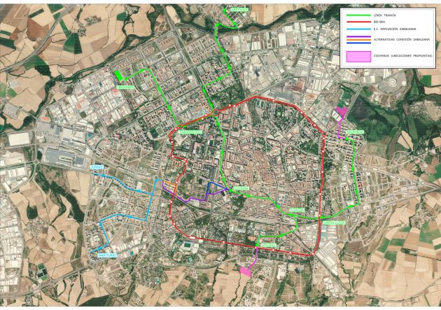 En rosa, las ubicaciones posibles de las cocheras del tranvía en Aretxabaleta o Betoño En rosa, las ubicaciones posibles de las cocheras del tranvía en Aretxabaleta o Betoño