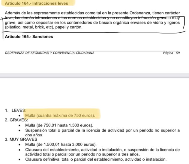 Artículo de la ordenanza de Seguridad y Convivencia Ciudadana, en donde se recogen sanciones para aquellos que no reciclen debidamente Artículo de la ordenanza de Seguridad y Convivencia Ciudadana, en donde se recogen sanciones para aquellos que no reciclen debidamente
