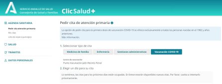 Esto es lo que aparece al intentar pedir cita de vacunación covid en Jaén Esto es lo que aparece al intentar pedir cita de vacunación covid en Jaén