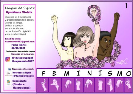 Uno de los carteles que forma la Primera Gymkhana Violeta, con la palabra feminismo Uno de los carteles que forma la Primera Gymkhana Violeta, con la palabra feminismo