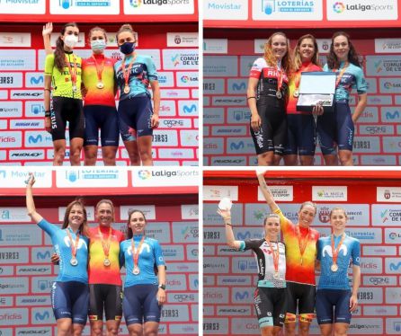 Las cuatro medalla de Sara. Los Oros Sub23 -arriba-, revalidando sus Campeonatos de Jaén 2020, y la Plata Elite en CRI -abajo izq- y el Bronce Élite, en ruta. Las cuatro medalla de Sara. Los Oros Sub23 -arriba-, revalidando sus Campeonatos de Jaén 2020, y la Plata Elite en CRI -abajo izq- y el Bronce Élite, en ruta.