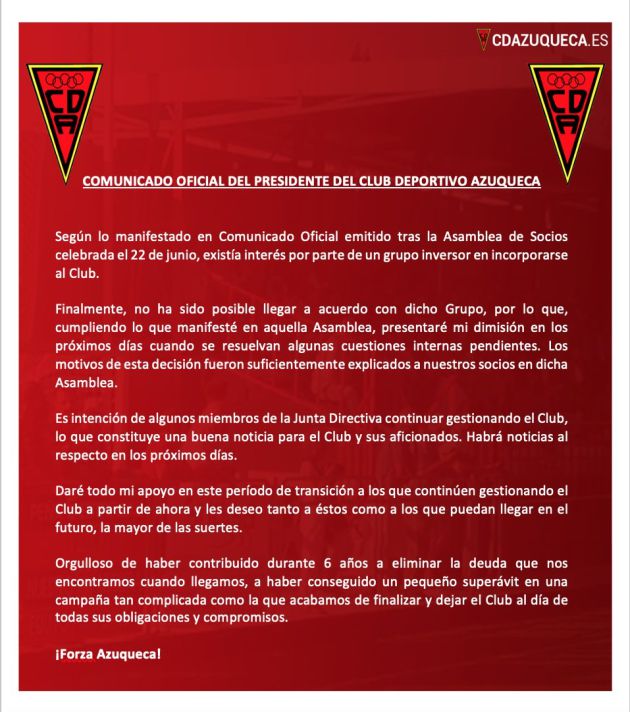 Miguel Ángel Martínez dimite como presidente del CD Azuqueca Miguel Ángel Martínez dimite como presidente del CD Azuqueca