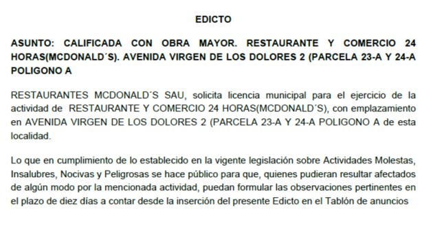Petición de licencia municipal para la apertura del primer restaurante McDonalds en Valdepeñas (Ciudad Real) Petición de licencia municipal para la apertura del primer restaurante McDonalds en Valdepeñas (Ciudad Real)