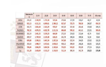 Tasas de incidencia de la pandemia a 14 días por edades a 20 de julio de 2021 en las distintas provincias de Castilla y León Tasas de incidencia de la pandemia a 14 días por edades a 20 de julio de 2021 en las distintas provincias de Castilla y León