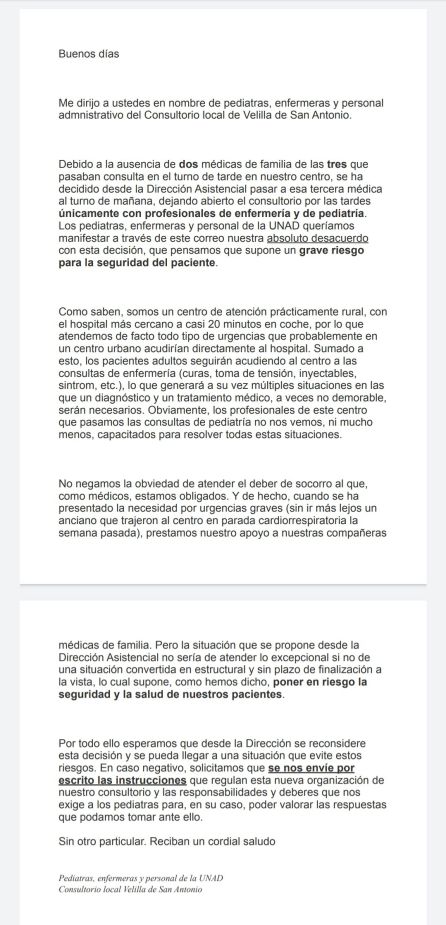 Carta a la Dirección Asistencial Carta a la Dirección Asistencial