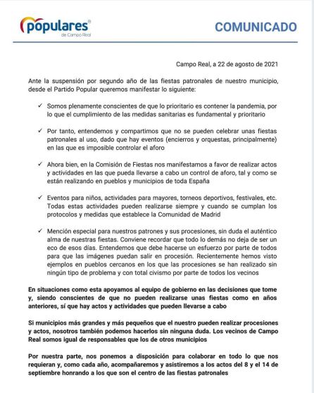 Comunicado del PP sobre la cancelación total de las Fiestas Patronales. Comunicado del PP sobre la cancelación total de las Fiestas Patronales.