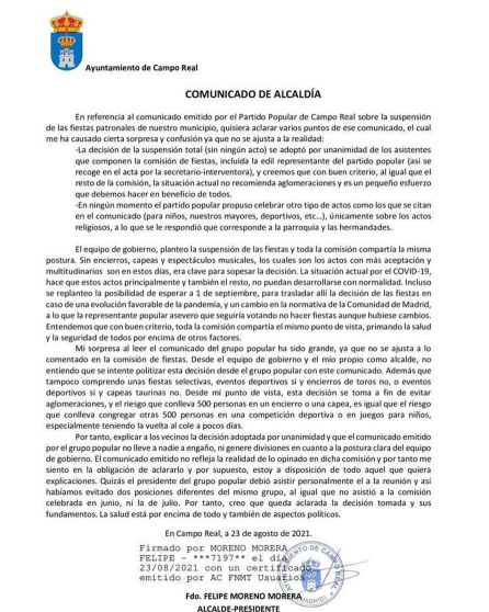 Respuesta al comunicado de los populares sobre la cancelación total de las Fiestas Patronales. Respuesta al comunicado de los populares sobre la cancelación total de las Fiestas Patronales.