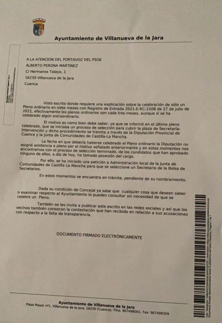 Respuesta del Equipo de Gobierno al PSOE de Villanueva de la Jara Respuesta del Equipo de Gobierno al PSOE de Villanueva de la Jara