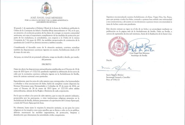 Decreto del arzobispo de Sevilla restituyendo en culto publico en hermandades y cofradías Decreto del arzobispo de Sevilla restituyendo en culto publico en hermandades y cofradías