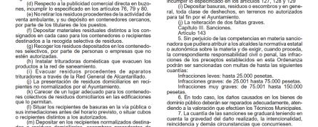 Fragmento de la ordenanza de Medio Ambiente de Benidorm donde se recogen las cuantías en pesetas para los distintos tipos de infracciones (Art. 143) Fragmento de la ordenanza de Medio Ambiente de Benidorm donde se recogen las cuantías en pesetas para los distintos tipos de infracciones (Art. 143)