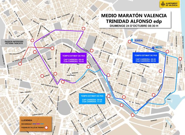 Plano calles afectadas por la Medio Maratón de València Plano calles afectadas por la Medio Maratón de València