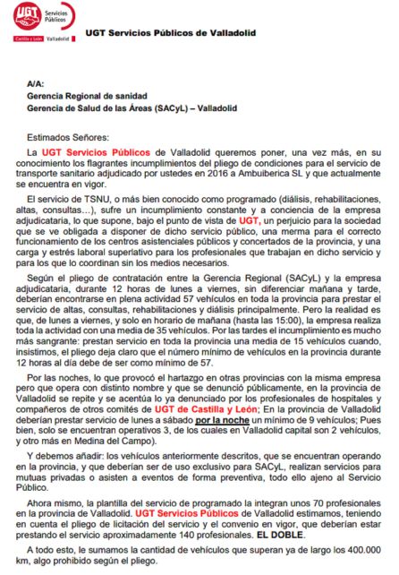 Escrito de UGT presentado el pasado 1 de junio denunciando los problemas en el servicio de ambulancias en Valladolid Escrito de UGT presentado el pasado 1 de junio denunciando los problemas en el servicio de ambulancias en Valladolid