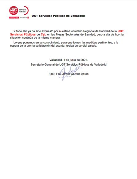 Escrito de UGT presentado el pasado 1 de junio denunciando los problemas en el servicio de ambulancias en Valladolid Escrito de UGT presentado el pasado 1 de junio denunciando los problemas en el servicio de ambulancias en Valladolid