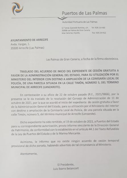 Respuesta de la Autoridad Portuaria de Las Palmas al Ayuntamiento de Arrecife. Respuesta de la Autoridad Portuaria de Las Palmas al Ayuntamiento de Arrecife.