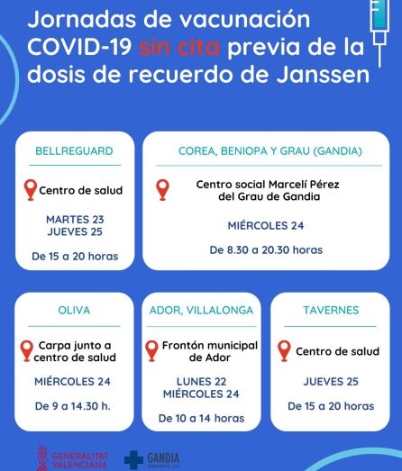 Horario para los vacunados con Janssen en la Safor Horario para los vacunados con Janssen en la Safor