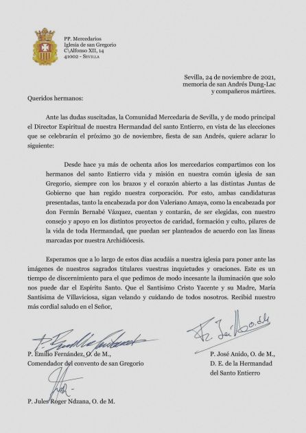 Carta de los Padres Mercedarios a la Hermandad del Santo Entierro Carta de los Padres Mercedarios a la Hermandad del Santo Entierro