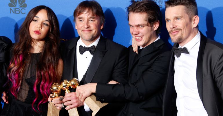 BEVERLY HILLS, CA - JANUARY 11: (L-R) Actress Lorelei Linklater, director Richard Linklater, actors Ellar Coltrane and actor Ethan Hawke, winners of Best Motion Picture - Drama for 'Boyhood,' pose in the press room during the 72nd Annual Golden Globe Awards at The Beverly Hilton Hotel on January 11, 2015 in Beverly Hills, California. (Photo by Jeff Vespa/WireImage) BEVERLY HILLS, CA - JANUARY 11: (L-R) Actress Lorelei Linklater, director Richard Linklater, actors Ellar Coltrane and actor Ethan Hawke, winners of Best Motion Picture - Drama for 'Boyhood,' pose in the press room during the 72nd Annual Golden Globe Awards at The Beverly Hilton Hotel on January 11, 2015 in Beverly Hills, California. (Photo by Jeff Vespa/WireImage)