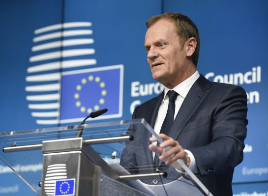 EU Council president Donald Tusk holds a joint press conference with EU Commission president during a European Council summit at the Council of the European Union (EU) Justus Lipsius building in Brussels on March 20, 2015. AFP PHOTO / JOHN THYS EU Council president Donald Tusk holds a joint press conference with EU Commission president during a European Council summit at the Council of the European Union (EU) Justus Lipsius building in Brussels on March 20, 2015. AFP PHOTO / JOHN THYS