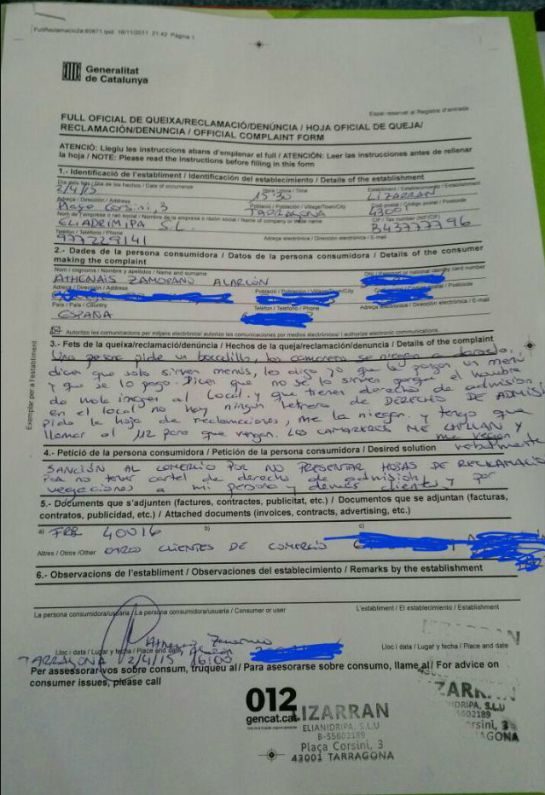 Hoja de Reclamaciones que interpuso Athenais Zamorano Hoja de Reclamaciones que interpuso Athenais Zamorano