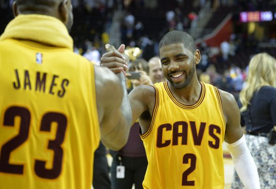 May 12, 2015; Cleveland, OH, USA; Cleveland Cavaliers forward LeBron James (23) celebrates with guard Kyrie Irving (2) after a 106-101 win over the Chicago Bulls in game five of the second round of the NBA Playoffs at Quicken Loans Arena. Mandatory Credit: David Richard-USA TODAY Sports May 12, 2015; Cleveland, OH, USA; Cleveland Cavaliers forward LeBron James (23) celebrates with guard Kyrie Irving (2) after a 106-101 win over the Chicago Bulls in game five of the second round of the NBA Playoffs at Quicken Loans Arena. Mandatory Credit: David Richard-USA TODAY Sports