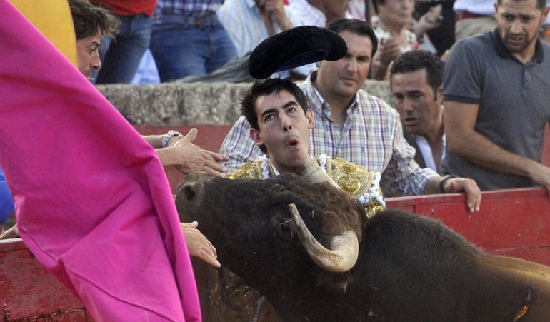 Fotografía facilitada por La Gaceta de Salamanca, de la cornada que ha sufrido en el cuello el diestro malagueño Saúl Jiménez Fortes, cuando lidiaba al primero de su lote en la corrida de toros de esta tarde en la localidad salmantina de Vitigudino Fotografía facilitada por La Gaceta de Salamanca, de la cornada que ha sufrido en el cuello el diestro malagueño Saúl Jiménez Fortes, cuando lidiaba al primero de su lote en la corrida de toros de esta tarde en la localidad salmantina de Vitigudino