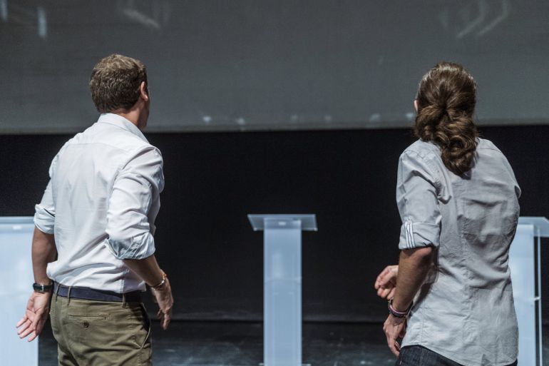 Los candidatos a la presidencia del Gobierno de Ciudadanos, Albert Rivera, y de Podemos, Pablo Iglesias, durante el debate electoral que ha organizado hoy la Universidad Carlos III de Madrid. Los candidatos a la presidencia del Gobierno de Ciudadanos, Albert Rivera, y de Podemos, Pablo Iglesias, durante el debate electoral que ha organizado hoy la Universidad Carlos III de Madrid.
