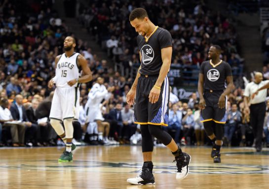 Dec 12, 2015; Milwaukee, WI, USA; Golden State Warriors guard Stephen Curry (30) reacts in the fourth quarter during the game against the Milwaukee Bucks at BMO Harris Bradley Center. The Bucks beat the Warriors 108-95. Mandatory Credit: Benny Sieu-USA TODAY Sports Dec 12, 2015; Milwaukee, WI, USA; Golden State Warriors guard Stephen Curry (30) reacts in the fourth quarter during the game against the Milwaukee Bucks at BMO Harris Bradley Center. The Bucks beat the Warriors 108-95. Mandatory Credit: Benny Sieu-USA TODAY Sports
